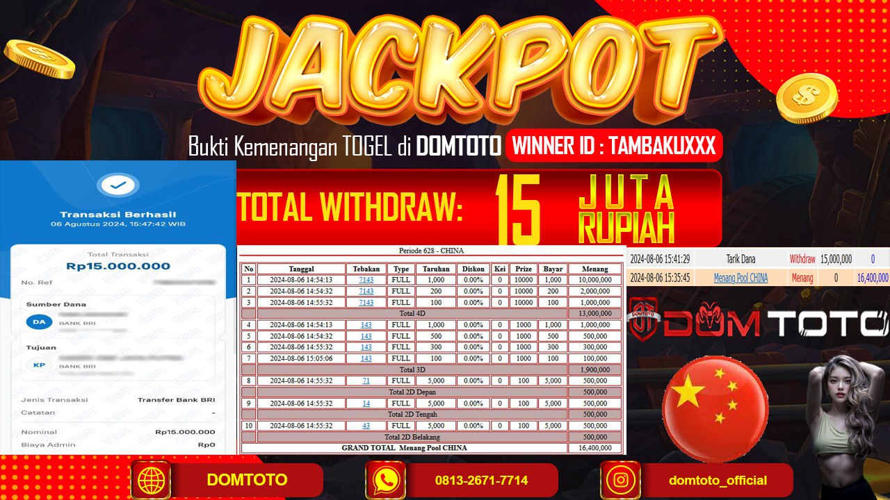 JACKPOT TOGEL POOL CHINA 06 AGUSTUS 2024